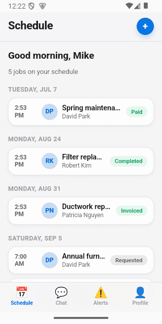 Corwinn technician app showing a real job schedule, working with no signal required